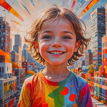 an ai generated image of a smiling child in front of a contemporary city scene with colourful clouds in the sky